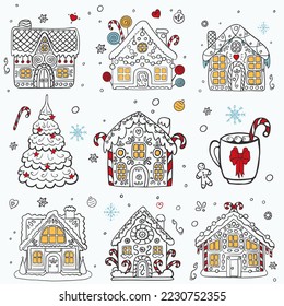 Gingerbread houses with fir tree and cup of cocoa with marshmallows in doodle style. For illustrations for the winter holidays and the New Year.