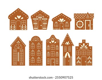 Gingerbread Houses Flat Collection. Christmas and New Year Cookies. Festive Bakery.