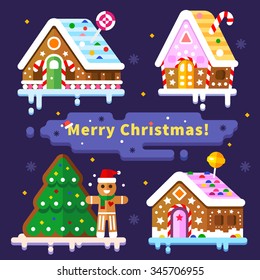 Gingerbread houses with  funny and cute gingerbread man:  nice, tasty, candy, cake, cookie. Merry Christmas and Happy New Year! Flat vector stock illustration set. 