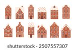 Gingerbread houses. Isolated christmas cookies with glaze. Baking elements, sweet winter holidays traditional dessert, racy vector collection