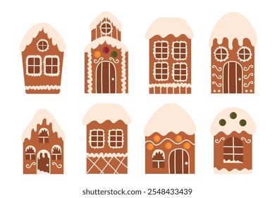 Gingerbread houses. Isolated Christmas cookies with icing glaze. Baking elements, sweet winter holidays traditional dessert. Decorated with candy elements, Christmas trees, peppermint swirls. Vector.