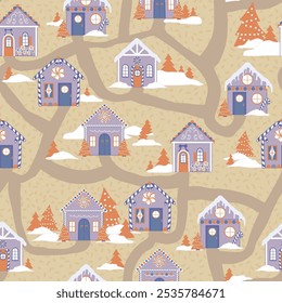 Gingerbread Houses in non Traditional Purple and Orange in a Village on a Tan background creating a seamless pattern print background