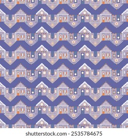 Gingerbread Houses in Non Traditional Purple and Orange in Horizontal Stripes on Purple background creating a seamless pattern print background