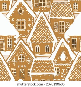 gingerbread houses on a caramel background. Seamless pattern. Christmas background. Gingerbread village. Vector illustration