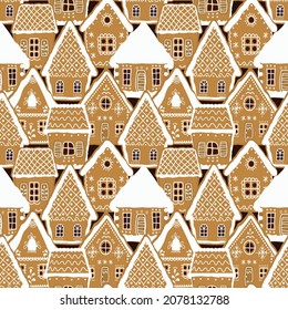 gingerbread houses on a chocolate background. Seamless pattern. Christmas background. Gingerbread village. Vector illustration