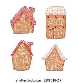 Gingerbread houses on white background. Vector illustration set.