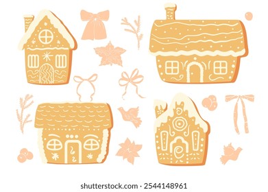 Gingerbread houses set. Christmas cookies collection. Festive decorated sweets collection. Vector hand drawn flat illustration isolated on white background.