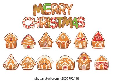 Gingerbread Houses Set. Cute Christmas Traditional Cookie with white icing decoration. Vector illustration.
