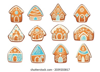 Gingerbread Houses Set. Cute Christmas Traditional Cookie with white icing decoration. Vector illustration.