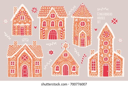 Gingerbread houses set. Cute hand drawn honey-cakes with patterns. Colorful vector illustrations collection.
