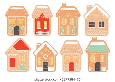 Gingerbread houses set. Hand drawn ginger bread cookies isolated on white background. . Vector illustration in brown yellow, red and green colours