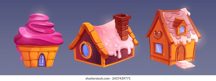 Lebkuchenhäuser isoliert auf dem Hintergrund. Vektor-Cartoon-Illustration von süßen Süßigkeiten Land Design-Elemente, Cookie-Häuser mit Eis auf dem Dach, Eiscreme-Dekoration, Fantasy-Dessert-Gebäude