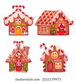 Conjunto de casas de jengibre aisladas sobre fondo blanco. Ilustración de dibujos animados de Vector de Navidades tradicionales miel y galletas de canela decoradas caña de caramelo, glaseado de crema dulce, golosinas navideñas caseras