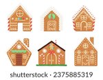 Gingerbread houses set vector illustration. Cartoon isolated cute baked town buildings collection with candy and sugar icing snowflakes pattern, chocolate decorations on windows and doors of houses