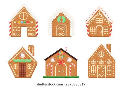 Gingerbread houses set vector illustration. Cartoon isolated cute baked town buildings collection with candy and sugar icing snowflakes pattern, chocolate decorations on windows and doors of houses