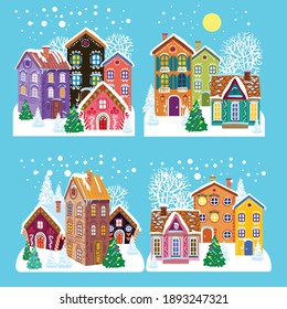 Gingerbread houses in the snow, several compositions from fairy-tale houses.