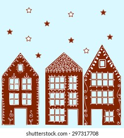 Gingerbread houses and stars. Vector illustration