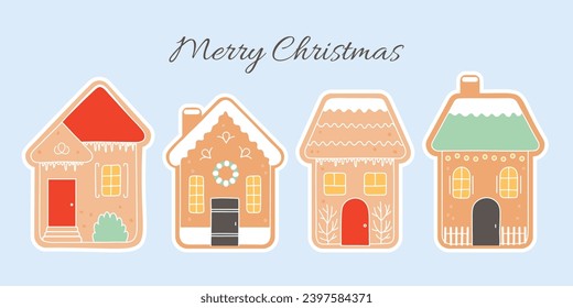 Gingerbread houses sticker set on light blue background. Merry Christmas invitation card. Vector illustration