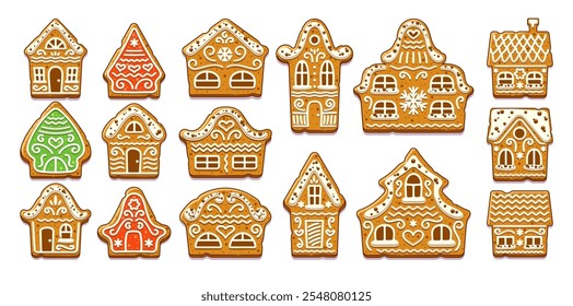 Gingerbread houses traditional christmas cookies with glaze decoration isolated holiday bakery set