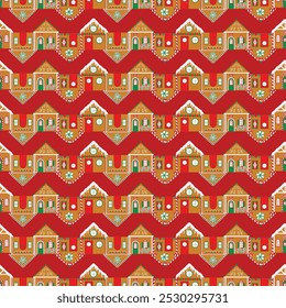Gingerbread Houses in Traditional Red and Green in Horizontal Zigzag Stripes on Red creating a seamless pattern print background