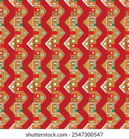 Gingerbread Houses in Traditional Red and Green in a Zigzag Vertical Stripe creating a seamless pattern print background