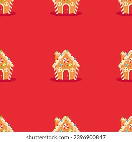 Gingerbread houses vector illustration. 
Seamless template of Christmas gingerbread houses with snow on red background