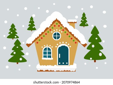 Gingerbread house.Winter, New Year  Festive food, New Year's sweets. Winter illustration