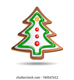 Gingerbread icing decorated christmas tree. Holiday cookie in shape of christmas tree, winter holiday, new year's day, new year's sweet pastry.