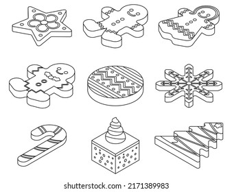Gingerbread icons set. Isometric set of gingerbread vector icons outline isolated on white background