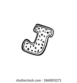 Lebkuchen J, Vektorgrafik. Weihnachtselemente, die die Form von Buchstabe J bilden. Handgezeichnete Weihnachtskekse. Weihnachtskekse fangen einen Brotfreund an. Einzeln auf Weiß
