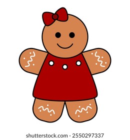 Gingerbread lady cookie for Christmas celebration. Traditional food for december winter season. Xmas holiday flat icon in cartoon style, vector with editable stroke.