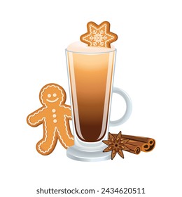 Gingerbread latte with gingerbread man, star, cinnamon vector illustration. Latte with gingerbread cookies icon vector isolated on a white background. Coffee in a tall glass with a handle drawing