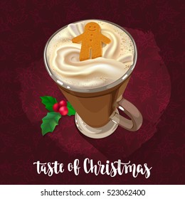 Gingerbread latte with whipped cream and gingerbread Christmas cookies in a glass. Christmas greeting card design element. Isolated vector illustration on dark red background.