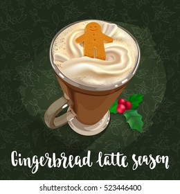 Gingerbread latte with whipped cream and gingerbread Christmas cookies in a glass. Christmas greeting card design element. Isolated vector illustration on dark green background.