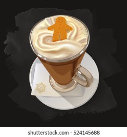 Gingerbread latte with whipped cream and gingerbread Christmas cookies in a glass. Christmas greeting card design element. Vector illustration on chalkboard background.