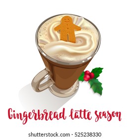 Gingerbread latte with whipped cream and Christmas cookies in a glass. Decorative vector illustration and handwritten brush lettering on white background.