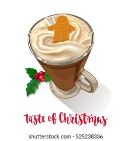 Gingerbread latte with whipped cream and Christmas cookies in a glass. Decorative vector illustration and handwritten brush lettering on white background.