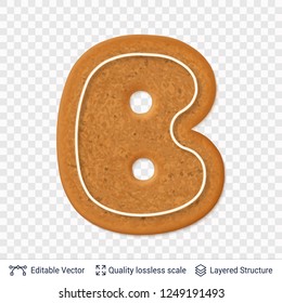 Gingerbread letter B symbol with drop shadow. Traditional Christmas cookie. Editable vector font element.