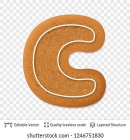 Gingerbread letter C symbol with drop shadow. Traditional Christmas cookie. Editable vector font element.