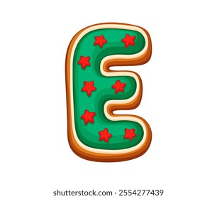 Gingerbread letter E with green icing and red star sprinkles, embodying Christmas cheer and festive seasonal holiday mood. Christmas cookie font, xmas typeface, new year type, English pastry alphabet