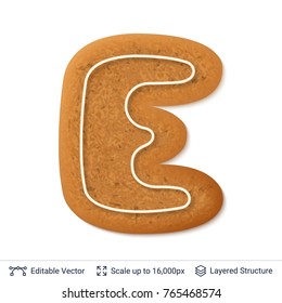 Gingerbread letter E isolated on white. Traditional Christmas cookie. Editable vector font element.