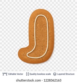 Gingerbread letter J symbol with drop shadow. Traditional Christmas cookie. Editable vector font element.