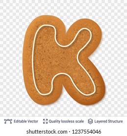 Gingerbread letter K symbol with drop shadow. Traditional Christmas cookie. Editable vector font element.