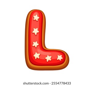 Gingerbread letter L with red frosting and star decorations. Isolated cartoon vector Christmas font, Xmas typeface, new year type, English pastry alphabet for festive seasonal crafts and holiday cards