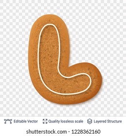 Gingerbread letter L symbol with drop shadow. Traditional Christmas cookie. Editable vector font element.