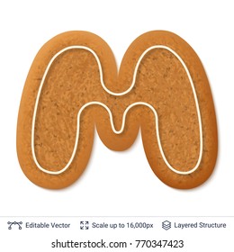 Gingerbread letter M isolated on white. Traditional Christmas cookie. Editable vector font element.