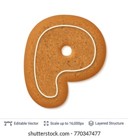 Gingerbread letter P isolated on white. Traditional Christmas cookie. Editable vector font element.
