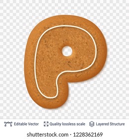 Gingerbread letter P symbol with drop shadow. Traditional Christmas cookie. Editable vector font element.