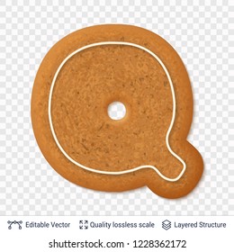 Gingerbread letter Q symbol with drop shadow. Traditional Christmas cookie. Editable vector font element.