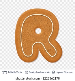 Gingerbread letter R symbol with drop shadow. Traditional Christmas cookie. Editable vector font element.